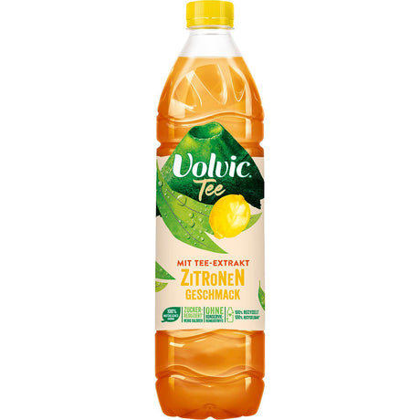Eine Packung Volvic Eistee Zitrone PET 6x1,5L (Einweg) von Volvic-natürlicher Zitronen-Eistee mit gelbem Deckel und grünem Blattetikett.