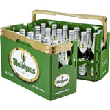 Eine Waldhaus Diplom Pils 24x0,33L (MEHRWEG) Bierkiste, jede Flasche verschlossen und in Silberfolie eingewickelt, enthält das preisgekrönte klassische Pilsener von Waldhaus.