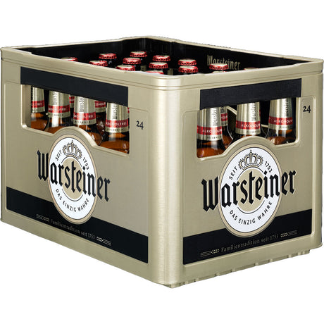 Ein beiger Kasten mit 24 Flaschen Warsteiner Pilsener Alkoholfrei 0,33L (MEHRWEG) von Warsteiner, mit sichtbaren Etiketten und Flaschenverschlüssen.