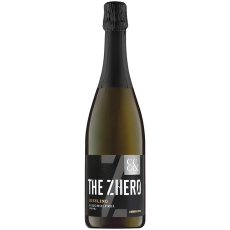 Eine Flasche Weingärtner Cleebronn-Güglingen THE ZHERO Riesling Sparkling alkoholfrei – ein alkoholfreier Sekt – mit einem schwarz-weissen Etikett.