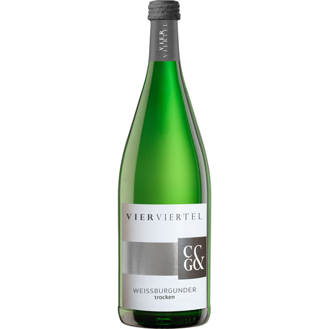 Grünglasflasche von Weingärtner Cleebronn-Güglingen VierViertel Weißburgunder trocken, ein deutscher Weißwein mit silber-weißem Etikett; erhältlich als 12x 1L MEHRWEG.