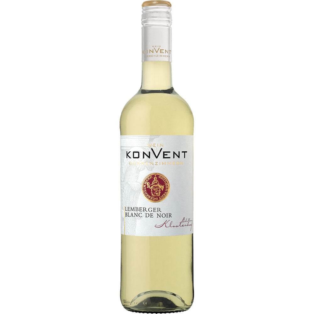 Eine Flasche Weinkonvent Dürrenzimmern Klosterhof Lemberger Blanc de Noir fruchtig 2024, ein fruchtiger Weißwein aus Deutschland mit einem auffälligen Etikett in Gold und Weiß.