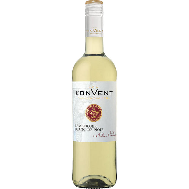 Eine Flasche Weinkonvent Dürrenzimmern Klosterhof Lemberger Blanc de Noir fruchtig 2024, ein fruchtiger Weißwein aus Deutschland mit einem auffälligen Etikett in Gold und Weiß.