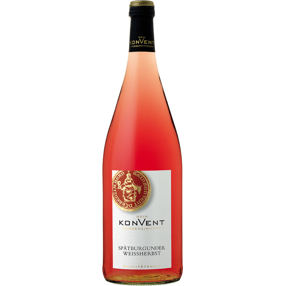 Eine 1L Flasche Weinkonvent Dürrenzimmern Spätburgunder Weißherbst (Qualitätswein aus Württemberg), Teil eines 12x MEHRWEG Packs, von Weinkonvent Dürrenzimmern, mit einem goldenen Siegel auf dem Etikett.