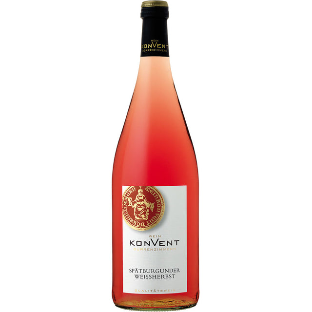Eine 1L Flasche Weinkonvent Dürrenzimmern Spätburgunder Weißherbst (Qualitätswein aus Württemberg), Teil eines 12x MEHRWEG Packs, von Weinkonvent Dürrenzimmern, mit einem goldenen Siegel auf dem Etikett.