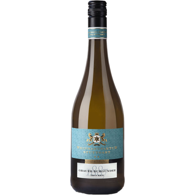 Eine Flasche Weinmanufaktur Stuttgart Grauer Burgunder ** trocken 2024 mit blau-goldenem Etikett ist ein Beispiel für die Eleganz der deutschen Weißweine.