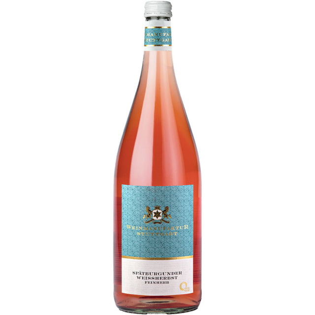 Eine 1L Flasche Weinmanufaktur Stuttgart Spätburgunder Weißherbst QbA feinherb, mit blauem Etikett und goldenen Akzenten, deutschem Text und Wappen - ein idealer Sommerwein der Weinmanufaktur Stuttgart. Erhältlich im 12er-Pack (MEHRWEG).