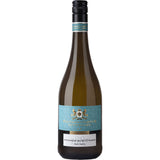 Eine Flasche Weißwein mit blau-goldenem Etikett, beschriftet mit Weißer Burgunder Weinmanufaktur Stuttgart * trocken 2024.