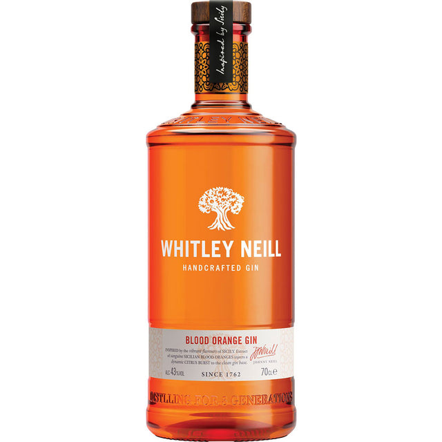 Eine 0,7-Liter-Flasche Whitley Neill Handcrafted Blood Orange Gin (43%) mit orangefarbenem Design und weißem Text auf dem Etikett.