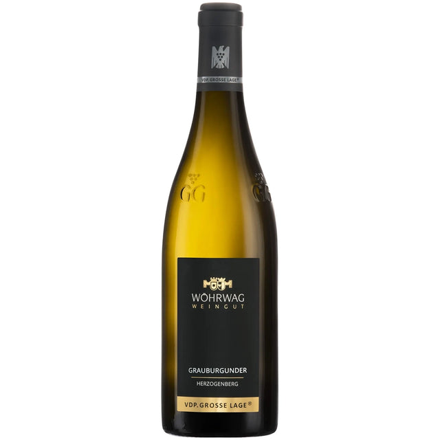 Eine Flasche Wöhrwag Grauburgunder Herzogenberg VDP.Grosse Lage trocken 2024 Weißwein mit einem schwarz-goldenen Etikett.