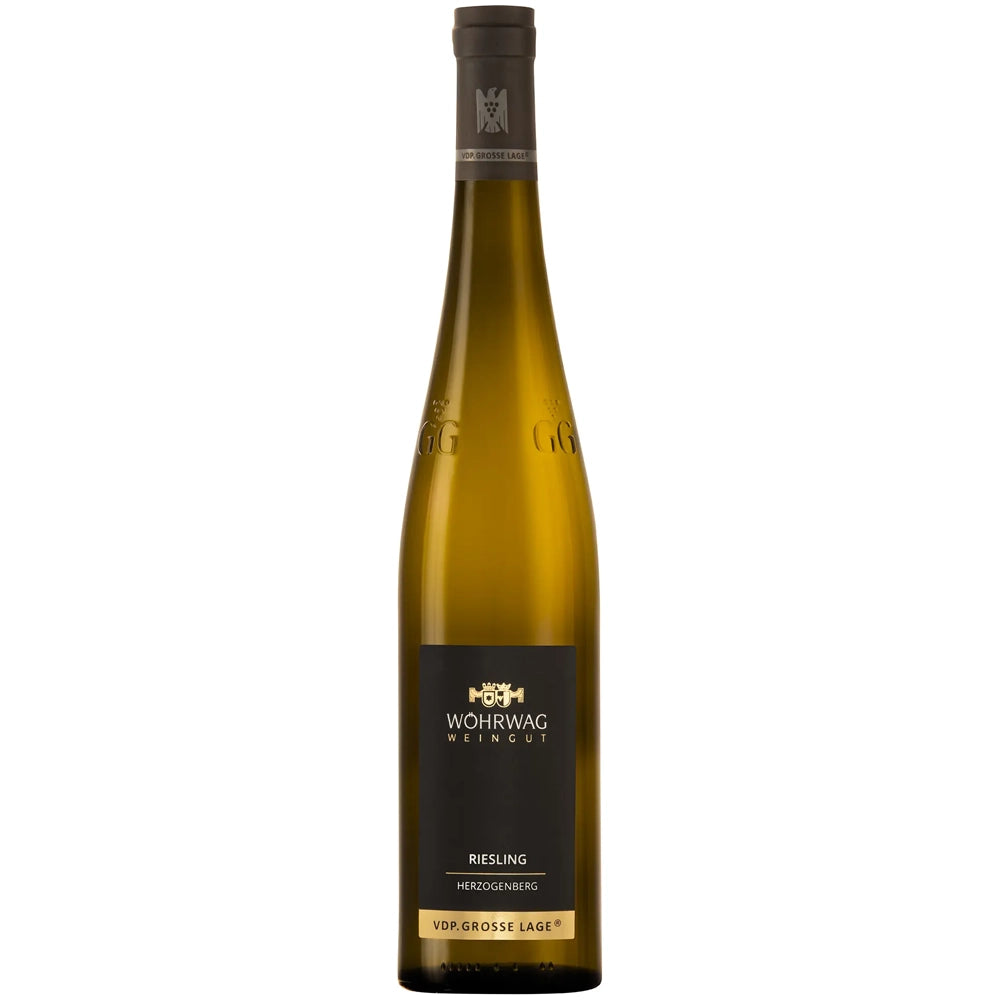Eine hohe, braune Weinflasche mit der Aufschrift „Wöhrwag Riesling Herzogenberg VDP.Grosse Lage trocken 2020“, die einen erlesenen trockenen Riesling vom renommierten Weingut Wöhrwag präsentiert.