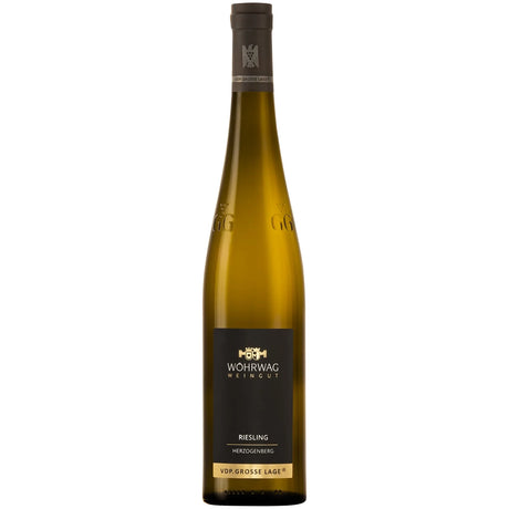 Eine hohe, braune Weinflasche mit der Aufschrift „Wöhrwag Riesling Herzogenberg VDP.Grosse Lage trocken 2020“, die einen erlesenen trockenen Riesling vom renommierten Weingut Wöhrwag präsentiert.