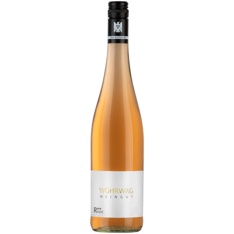 Eine Flasche „Wöhrwag ROSA Rosé Cuvée VDP.Gutswein trocken 2025“ von Wöhrwag mit weißem Etikett und schwarzem Schraubverschluss, der die Qualität dieses VDP.Gutswein trocken unterstreicht.