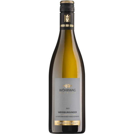 Eine Flasche Wöhrwag Untertürkheimer Herzogenberg Weißburgunder VDP.Erste Lage trocken 2022, ein Weißwein aus Württemberg, mit einem schwarz-goldenen Etikett und Schraubverschluss.