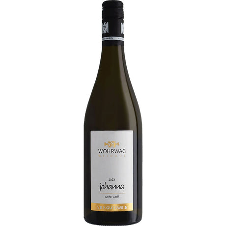 Eine Flasche Wöhrwag Johanna Weißwein-Cuvée VDP.Gutswein trocken 2024 der Marke Wöhrwag, mit schwarzem Verschluss und weißem Etikett.