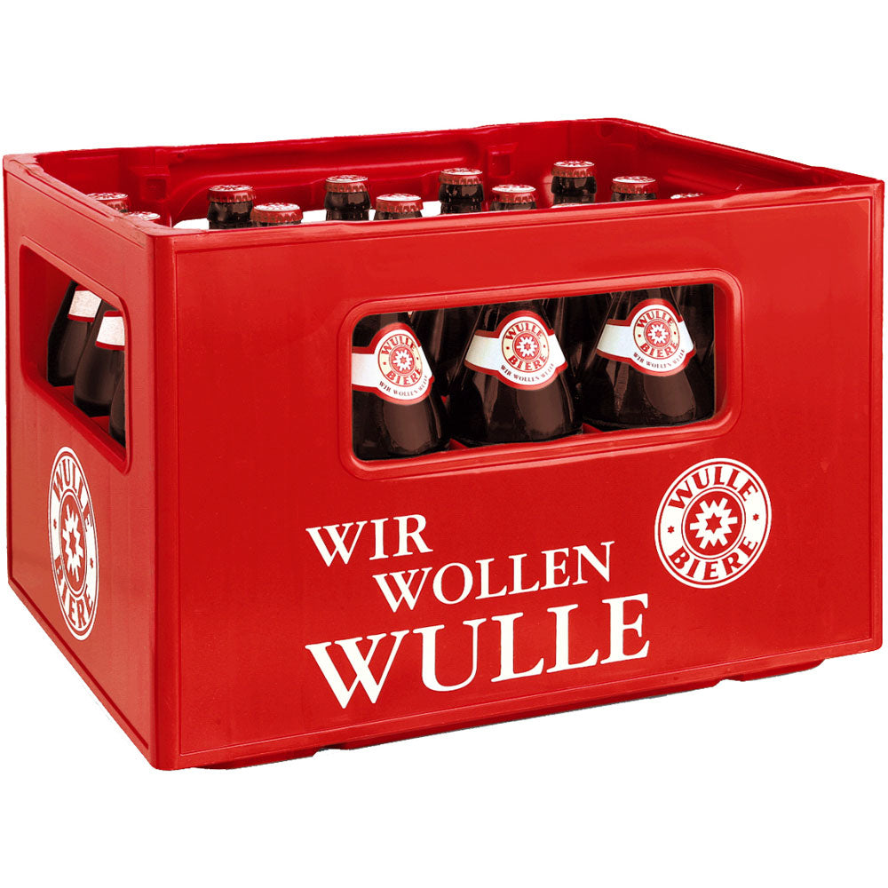 Roter Kasten mit "Wir Wollen Wulle"-Schriftzug, gefüllt mit Wulle Vollbier Hell 20x 0,5 Liter (MEHRWEG)-Flaschen - das Kultbier aus dem Hause Wulle ist ein echtes Stuttgarter Original, das mit seinen kultigen Etiketten zu sehen ist.