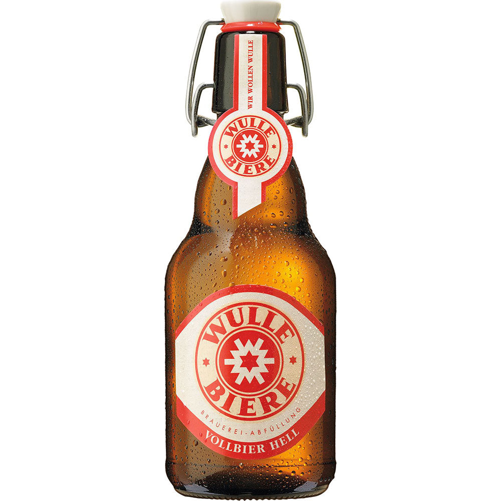 Eine gekühlte Wulle Vollbier Hell Bügel 20x 0,33 Liter (MEHRWEG) Flasche mit Bügelverschluss und rot-weißem Etikett - dieses Kultbier von Wulle verkörpert echte Stuttgarter Brautradition.