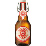 Eine gekühlte Wulle Vollbier Hell Bügel 20x 0,33 Liter (MEHRWEG) Flasche mit Bügelverschluss und rot-weißem Etikett - dieses Kultbier von Wulle verkörpert echte Stuttgarter Brautradition.