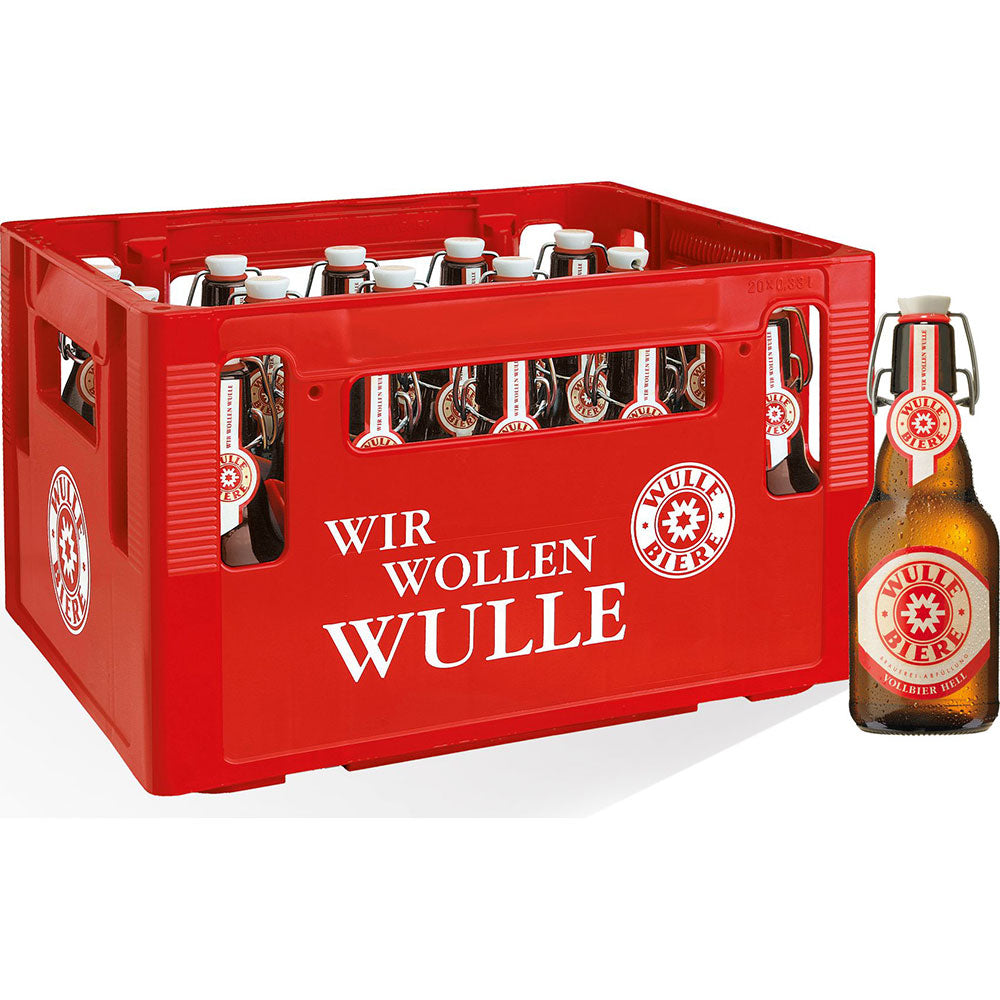 Eine rote Kiste Wulle Vollbier Hell Bügel 20x0,33L (MEHRWEG) mit einer Flasche außen zeigt den ikonischen Bügelverschluss und das Etikett - ein echtes Kultbier aus Stuttgarter Brautradition.