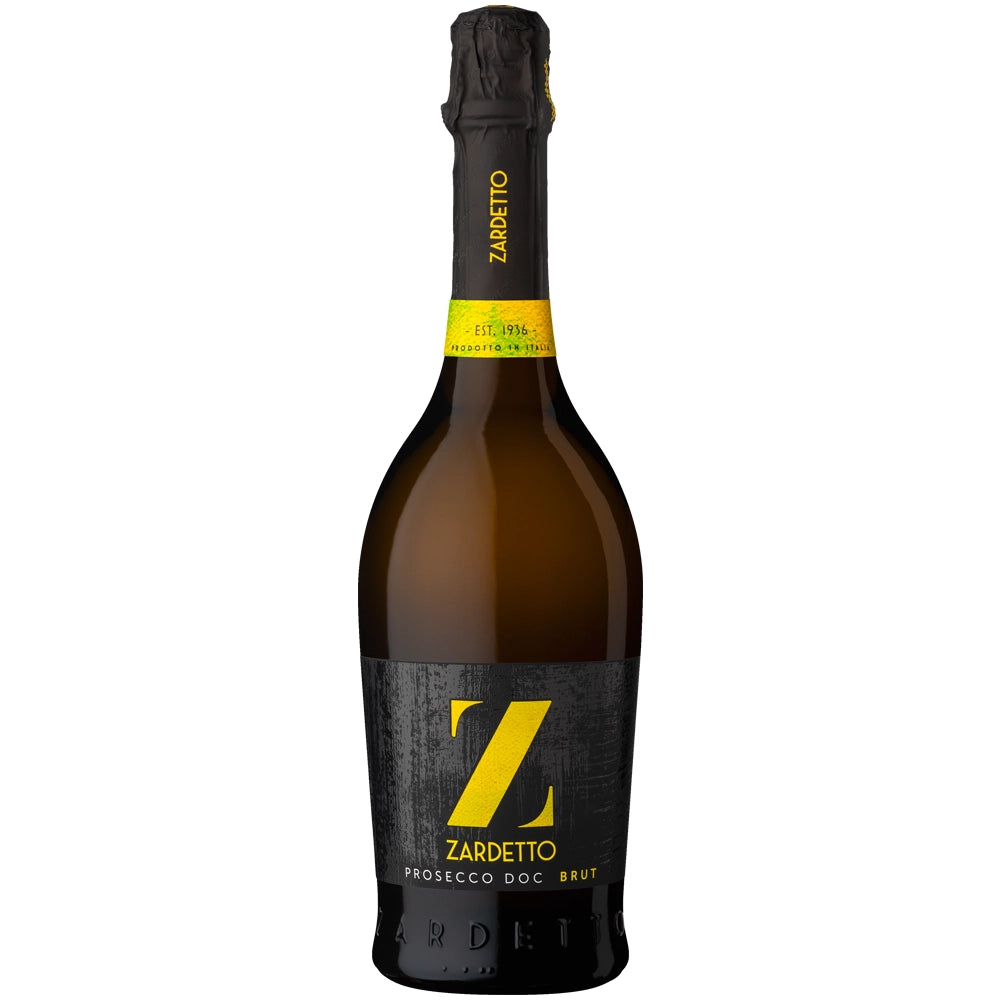 Eine Flasche Zardetto Prosecco Spumante DOC brut mit ihrem auffälligen schwarz-gelben Etikett ist vor einem weißen Hintergrund abgebildet. Dieser raffinierte Sekt verkörpert die Lebendigkeit und den erfrischenden Charakter, für die Zardetto bekannt ist.