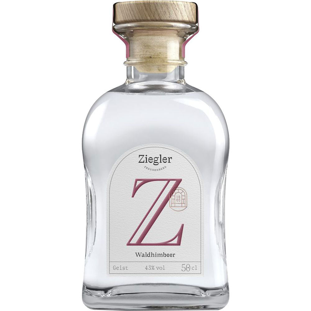 Ziegler Waldhimbeergeist 43% 0,5 Liter: Eine Klarglasflasche mit Holzkorken und weißem Etikett, hergestellt von Ziegler aus Waldhimbeeren für ein authentisches Obstbrand-Erlebnis.