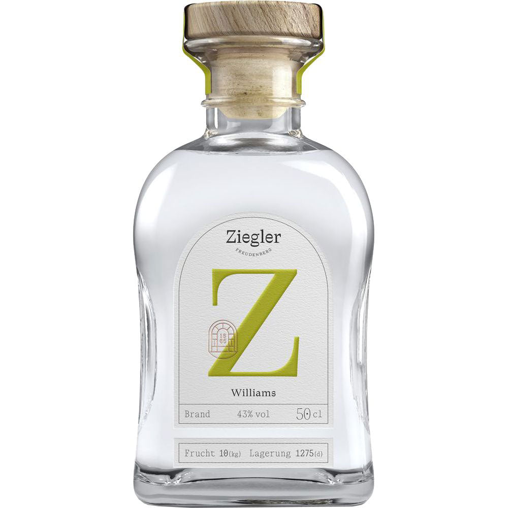 Eine Klarglasflasche Ziegler Williams Birnenbrand 43% 0,5 Liter von Ziegler mit einem Holzkorken und einem großen grünen Z auf dem Etikett, das den klassischen Williams-Christ-Birnenbrand hervorhebt.