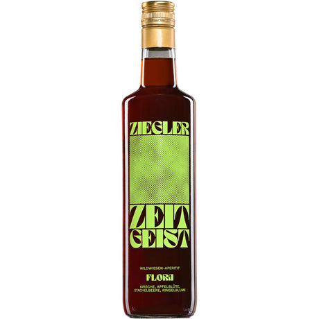 Eine 0,7L Flasche Ziegler Zeitgeist Wildwiesen-Aperitif Flora (15% vol) von Ziegler, ein deutscher Aperitif mit grün-schwarzem Etikett und goldenem Verschluss.