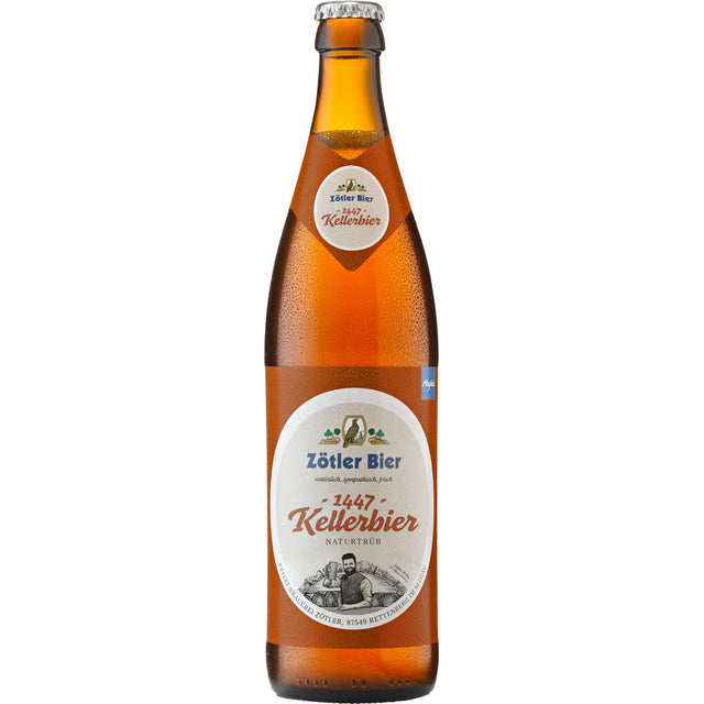 Zötler 1447 Kellerbier 20x 0,5 Liter (MEHRWEG) von der Brauerei Zötler ist ein naturtrübes Kellerbier, das die Allgäuer Brautradition mit einem rustikalen Etikett mit einem Mann und einem Vogel zeigt.