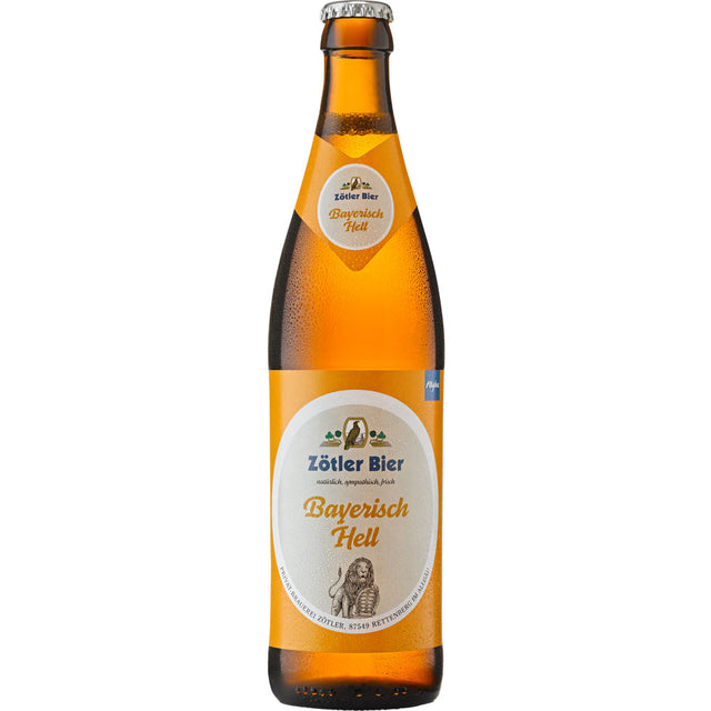 Eine braune Flasche der Brauerei Zötler Zötler Bayerisch Hell 20x 0,5 Liter (MEHRWEG), ein klassisches bayerisches Bier, mit weißem Etikett und Kondenswassertropfen.