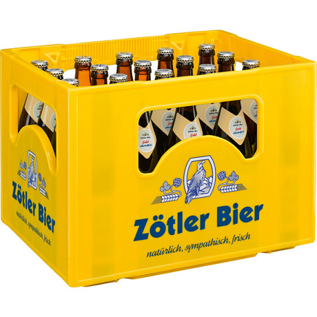 Ein gelber Flaschenkasten der Brauerei Zötler mit blauem Branding und Bergziegenlogo, mit Zötler Gold alkoholfrei 20x0,5L (MEHRWEG) für Liebhaber alkoholfreien Bieres und Allgäuer Brautradition.