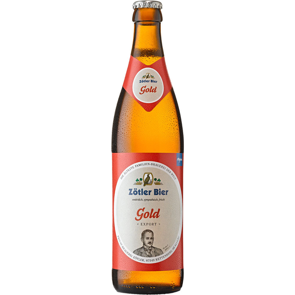 Eine gekühlte braune Flasche Zötler Gold Export 20x 0,5 Liter (MEHRWEG) der Brauerei Zötler mit rot-weißem Etikett und goldgelbem Bier im Inneren ist mit Kondenswasser bedeckt, was seine erfrischende Wirkung unterstreicht.