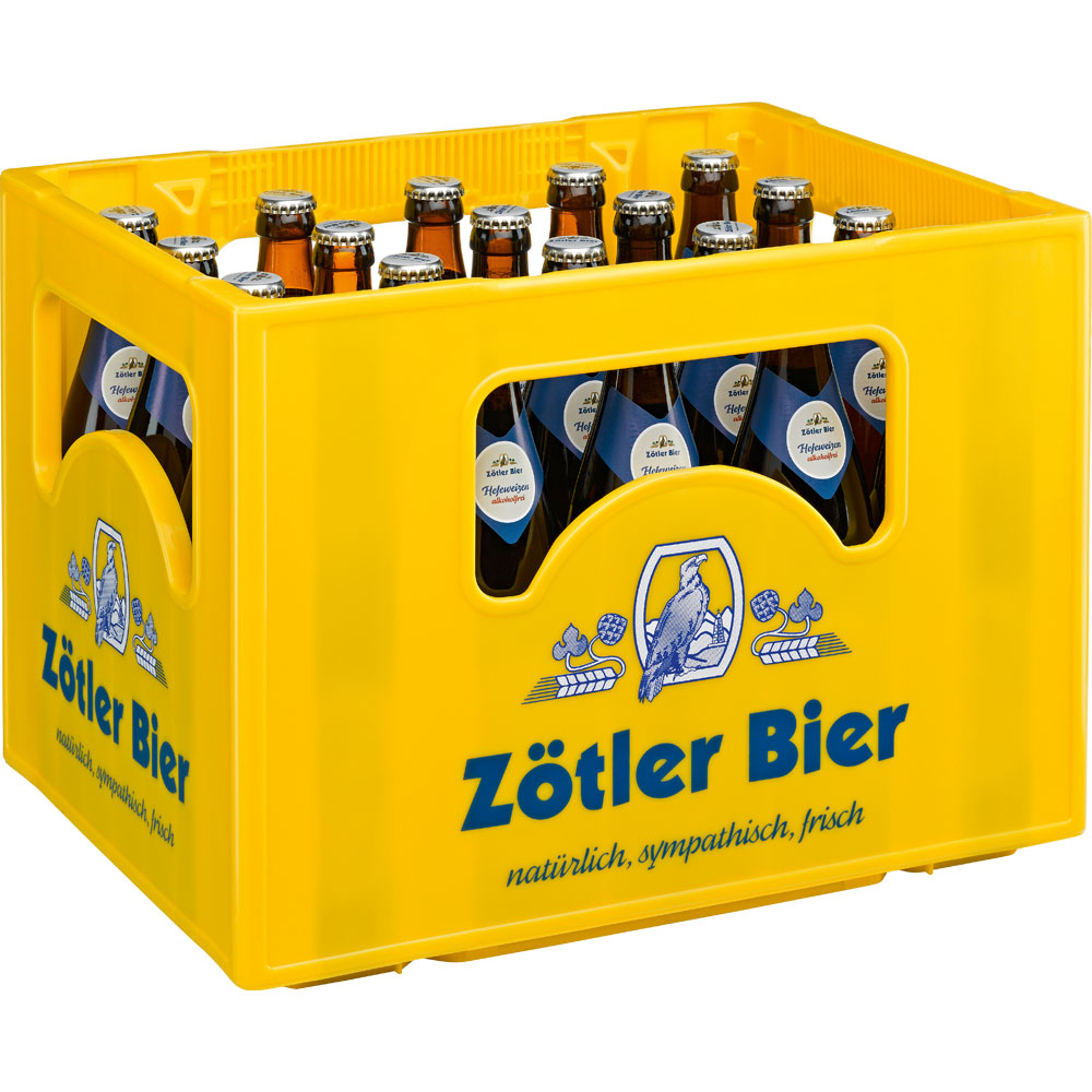Ein gelber Kasten der Brauerei Zötler, gefüllt mit 20 Flaschen Zötler Hefeweizen alkoholfrei (0,5 l, Mehrweg), mit blauem Branding und dem Logo der Brauerei, bietet eine isotonische Erfrischung.