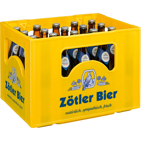 Ein gelber Kasten der Brauerei Zötler, gefüllt mit 20 Flaschen Zötler Hefeweizen alkoholfrei (0,5 l, Mehrweg), mit blauem Branding und dem Logo der Brauerei, bietet eine isotonische Erfrischung.