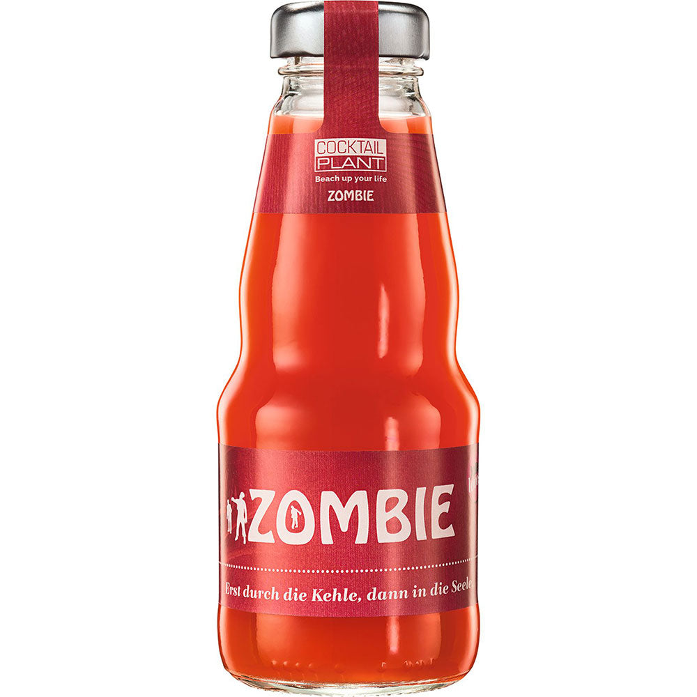Erleben Sie den trinkfertigen Cocktail Plant Zombie von Cocktail Plant: eine Glasflasche mit auffälligen roten Etiketten, erhältlich im 24x 0,2L MEHRWEG-Pack - Ihr perfekter Cocktail-Moment wartet!.