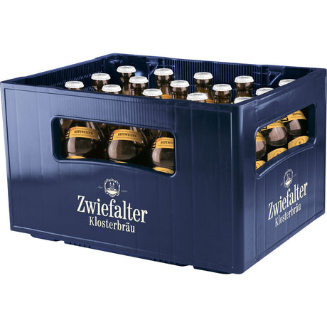 Eine blaue Kiste von Zwiefalter Klosterbräu enthält 20x 0,5 l Flaschen Zwiefalter Hefeweizen (MEHRWEG), ein naturtrübes Weizenbier, von schräg oben betrachtet.