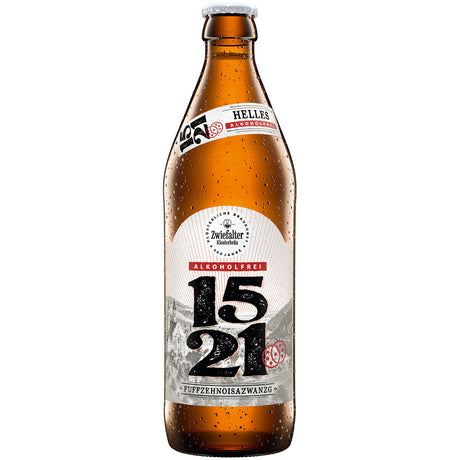 Eine braune Flasche Zwiefalter Klosterbräu 1521 Alkoholfrei 20x 0,5 Liter (MEHRWEG), ein alkoholfreies Helles mit Beschlag auf dem Etikett.