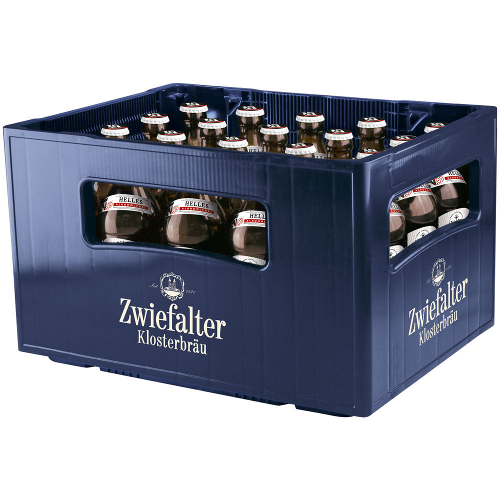 Eine blaue Kiste von Zwiefalter Klosterbräu mit 20 Flaschen Zwiefalter 1521 Alkoholfrei 0,5L (MEHRWEG), von der Seite gesehen.