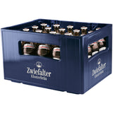 Eine blaue Kiste von Zwiefalter Klosterbräu mit 20 Flaschen Zwiefalter 1521 Alkoholfrei 0,5L (MEHRWEG), von der Seite gesehen.