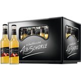Zwei Flaschen und eine Kiste Zwiefalter Klosterbräu Alb-Schorle Apfel-naturtrüb, 24 x 0,33L Mehrweg, mit Etikett und Logo gut sichtbar.