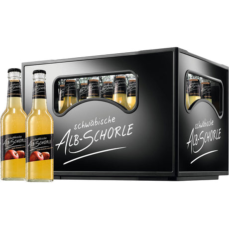 Zwei Flaschen und eine Kiste Zwiefalter Klosterbräu Alb-Schorle Apfel-naturtrüb, 24 x 0,33L Mehrweg, mit Etikett und Logo gut sichtbar.