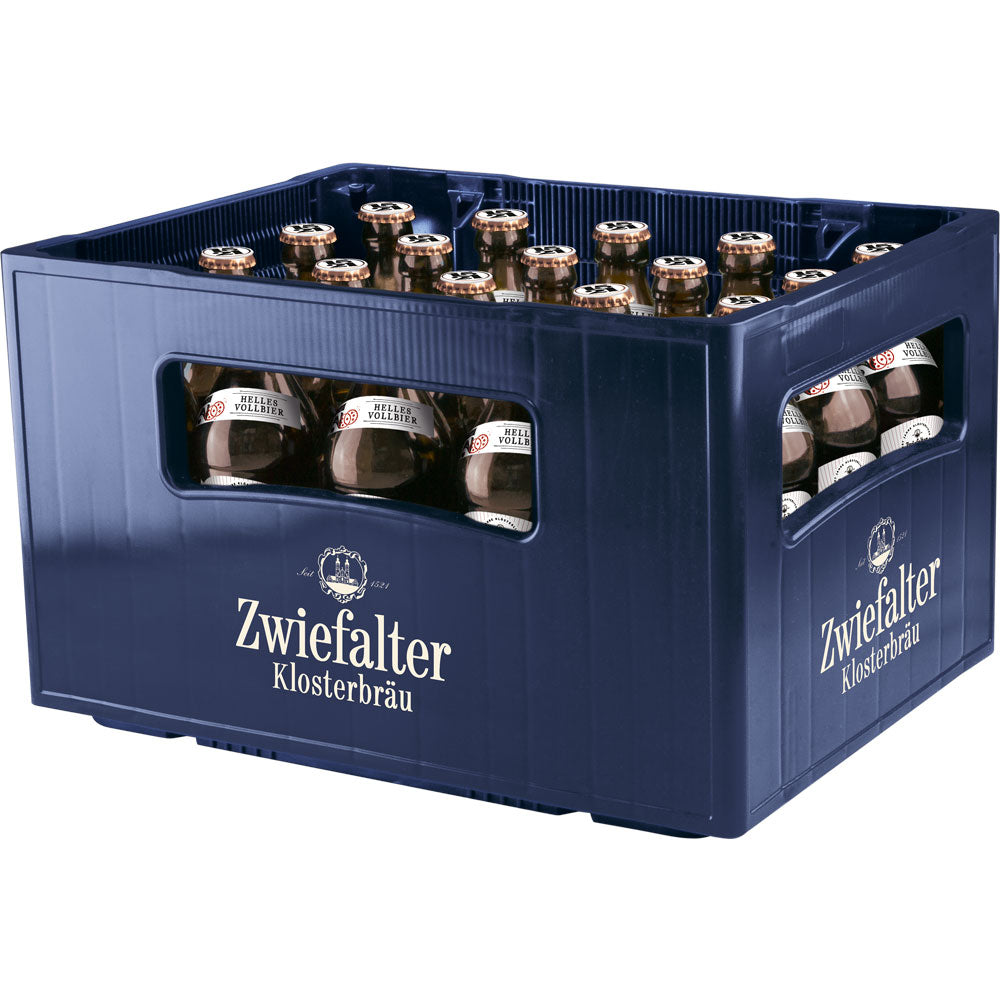 Eine blaue Kiste von Zwiefalter Klosterbräu enthält 20 Flaschen (je 0,5 l) Zwiefalter 1521 Helles Vollbier (MEHRWEG), ein authentisches schwäbisches Bier, das seit 1521 gebraut wird, Logo deutlich sichtbar auf der Kiste.