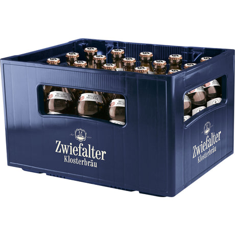 Eine blaue Kiste von Zwiefalter Klosterbräu enthält 20 Flaschen (je 0,5 l) Zwiefalter 1521 Helles Vollbier (MEHRWEG), ein authentisches schwäbisches Bier, das seit 1521 gebraut wird, Logo deutlich sichtbar auf der Kiste.