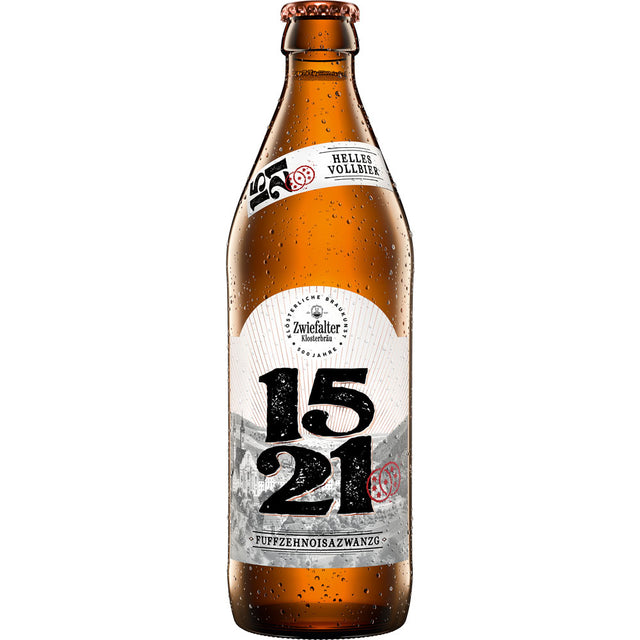 Eine braune Zwiefalter Klosterbräu 1521 Helles Vollbier-Flasche (20x0,5L MEHRWEG) zeigt Kondensationstropfen am Glas - ein erfrischendes schwäbisches Biererlebnis.