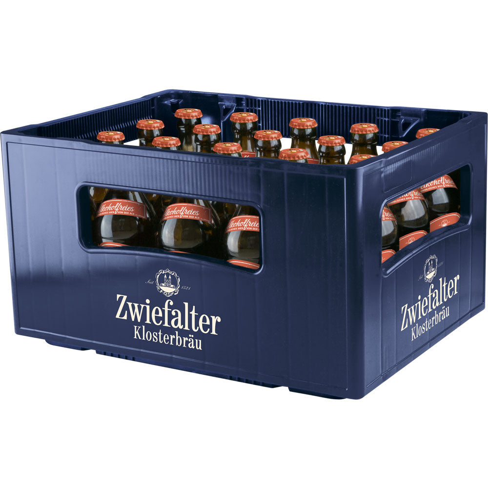 Eine blaue Kiste enthält Zwiefalter Klosterbräu-Bierflaschen mit roten Verschlüssen und Etiketten mit der Aufschrift Zwiefalter Alkohlfreies Engele 20x 0,33 Liter (MEHRWEG).