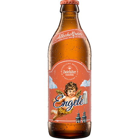 Eine Zwiefalter Klosterbräu Alkoholfreies Engele 0,33L Flasche mit rotem Cherub-Etikett - ideal für Fans von alkoholfreiem Bier. Erhältlich in einer 20x 0,33L Mehrwegkiste.