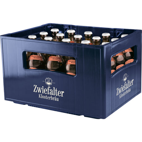 Eine blaue Kiste mit Seitengriffen enthält 20 Flaschen (je 0,5 l) Zwiefalter Klosterbräu Hefeweizen Alkoholfrei (MEHRWEG).
