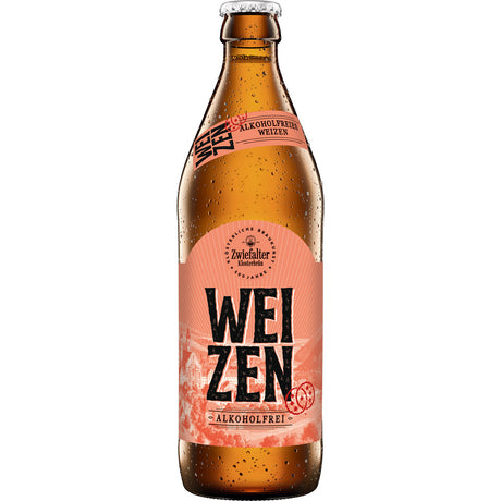 Eine Braunglasflasche Zwiefalter Klosterbräu Hefeweizen Alkoholfrei (20x 0,5L Mehrweg) mit einem rosa Etikett, das dieses naturtrübe, alkoholfreie Weizenbier kennzeichnet.