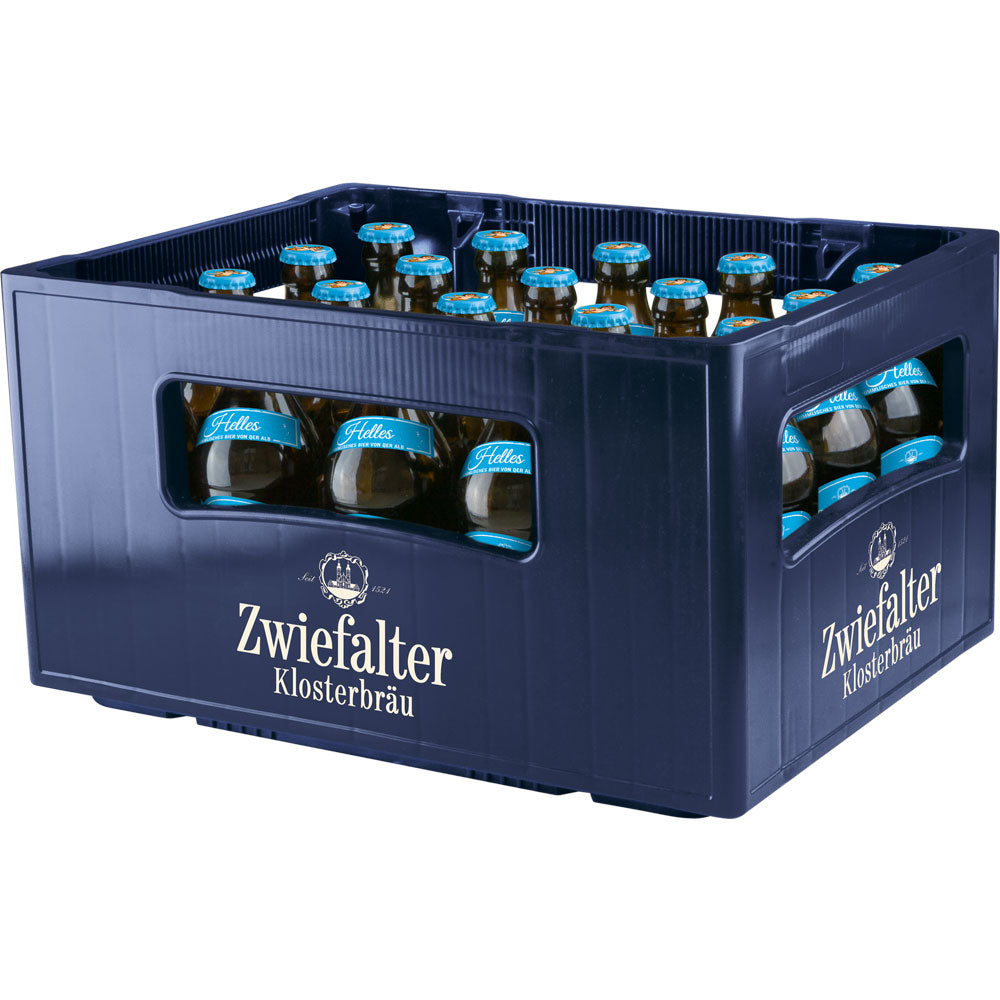 Eine blaue Kunststoffkiste enthält 20 Flaschen (je 0,33 l) Zwiefalter Klosterbräu Helles Engele (MEHRWEG), ein klassisches untergäriges Lagerbier von der Schwäbischen Alb, mit blauen Verschlüssen.