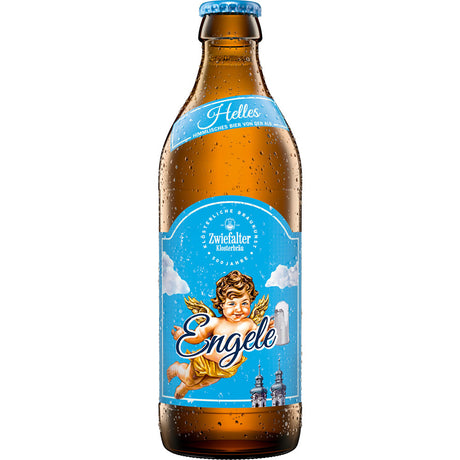 Das Helles Engele 20x 0,33L (MEHRWEG) von Zwiefalter Klosterbräu trägt ein blaues Etikett mit Engel und Kirchtürmen. Dieses untergärige Lagerbier von der Schwäbischen Alb bietet einen traditionellen Geschmack in jedem Schluck.