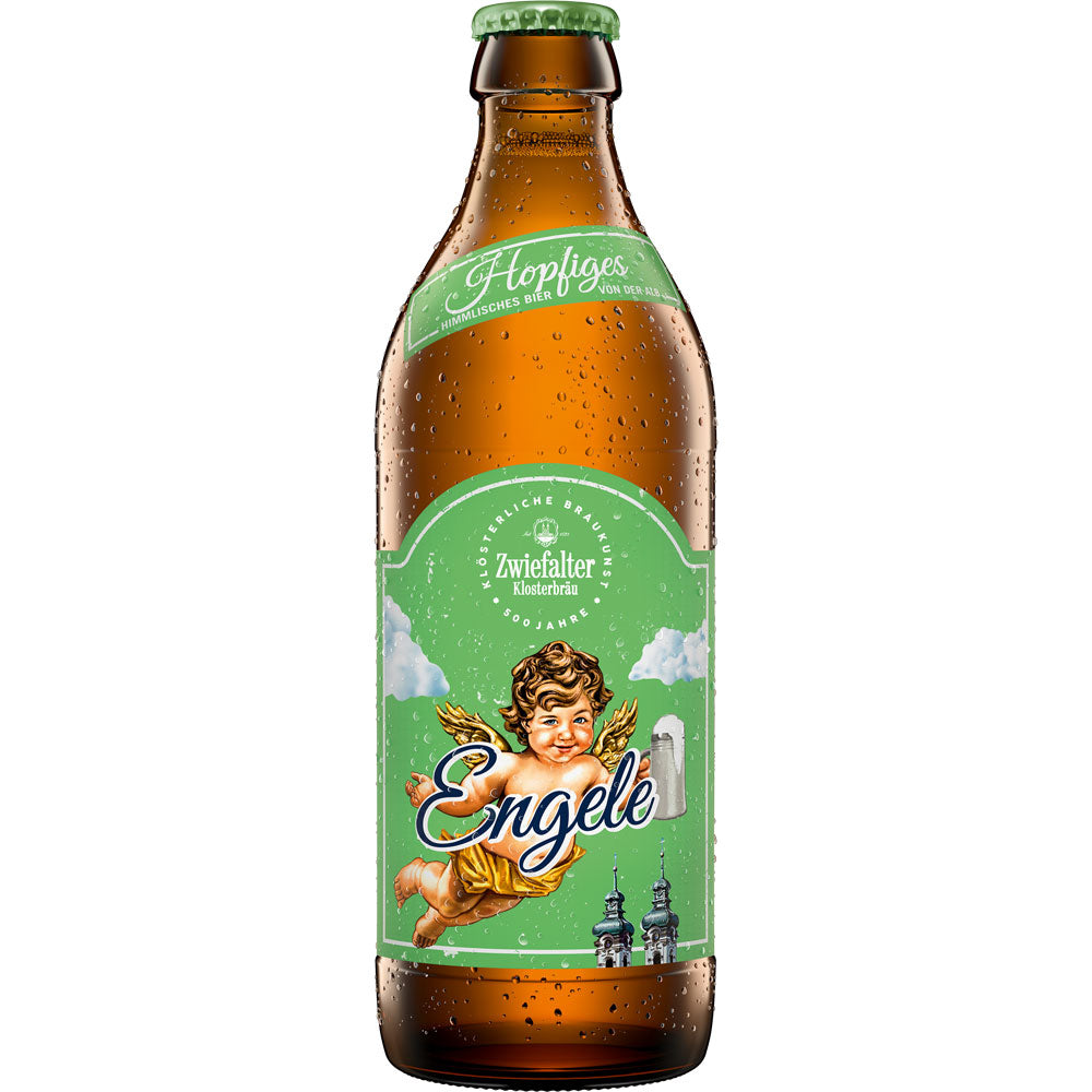Eine Zwiefalter Klosterbräu Hopfiges Engele 20x 0,33L (MEHRWEG) Flasche mit grünem Engel-Etikett, Tettnanger Hopfen-Noten und sichtbaren Kondenstropfen.